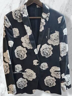 JF J. FERRAR BLACK BLAZER WITH WHITE FLORAL PRINT FOR MAN